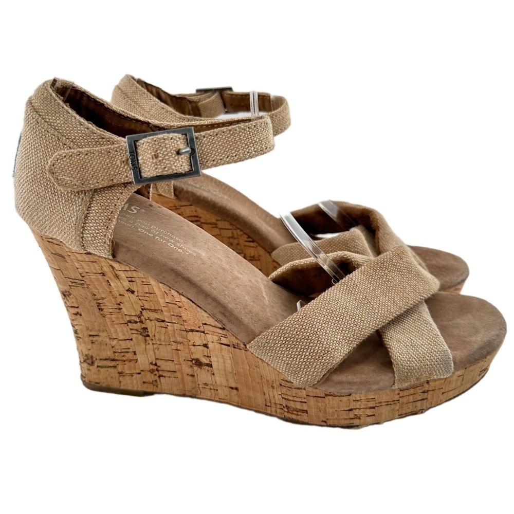 Toms womens sandals size 7.5 tan canvas cork wedges - Picture 1 of 12